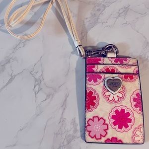 White/Pink Floral graphic Coach ID lanyard with 2 slots